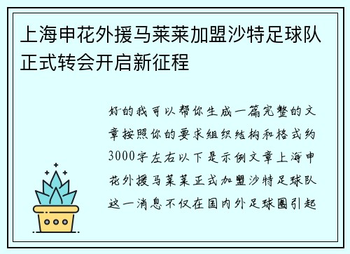 上海申花外援马莱莱加盟沙特足球队正式转会开启新征程